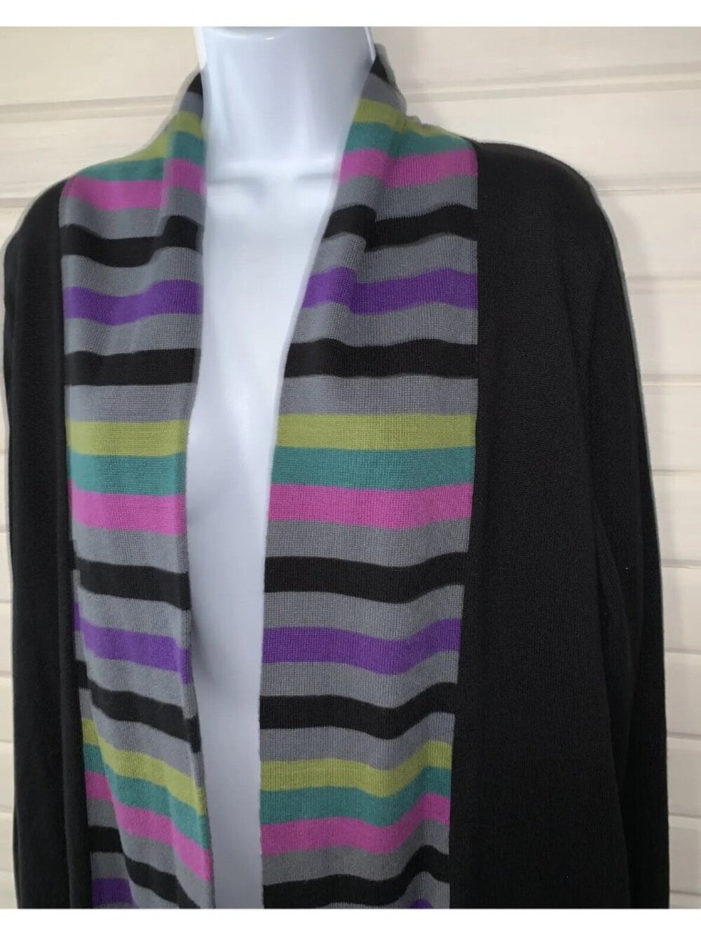 Bob Mackie Sz MEDIUM Open Front Striped Shawl Collar Cardigan Black EUC